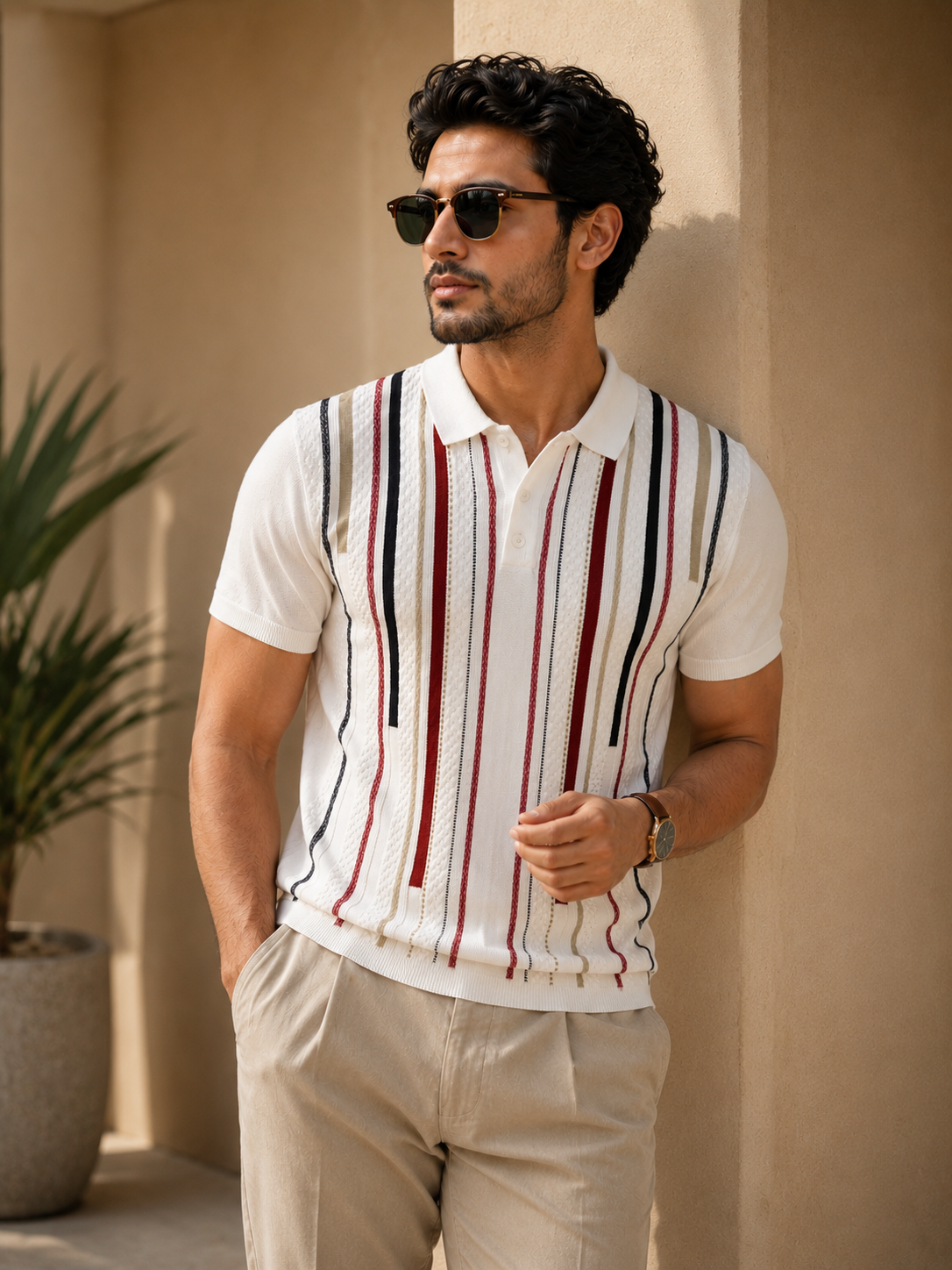 Luxury White Striped Polo Cotton T-shirt
