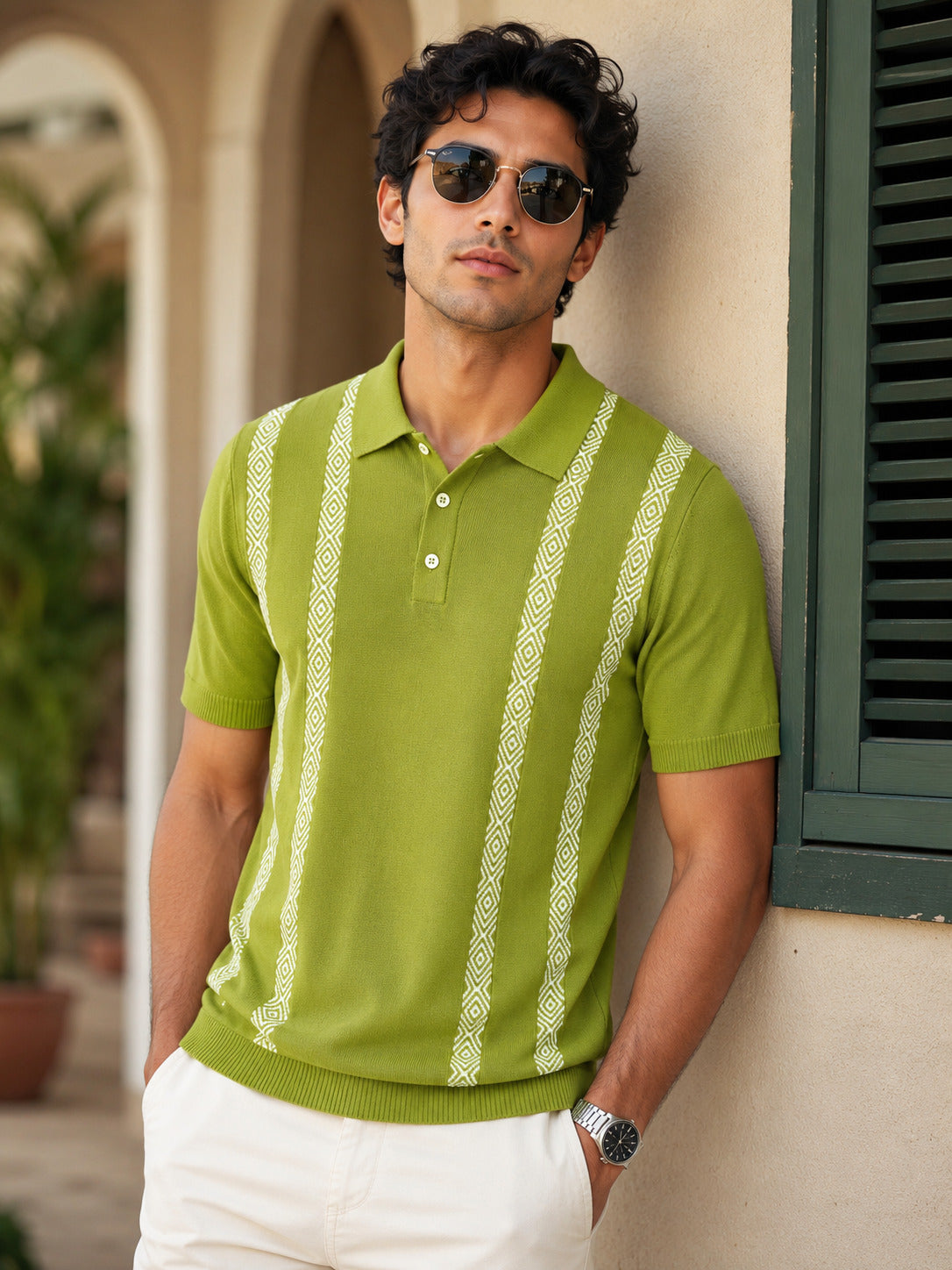 Old Money Style Green Striped Polo Cotton T-shirt